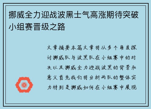挪威全力迎战波黑士气高涨期待突破小组赛晋级之路