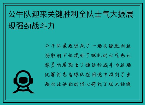 公牛队迎来关键胜利全队士气大振展现强劲战斗力