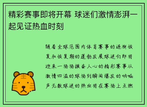 精彩赛事即将开幕 球迷们激情澎湃一起见证热血时刻